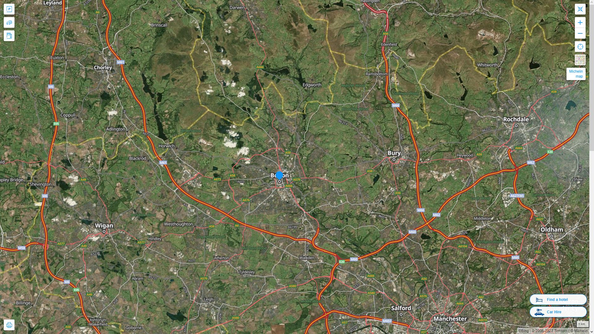 Bolton Royaume Uni Autoroute et carte routiere avec vue satellite